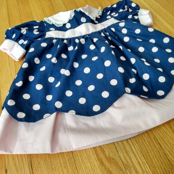 Vintage Handmade Baby Dress Blue Pink Polka Dots - Picture 3 of 14